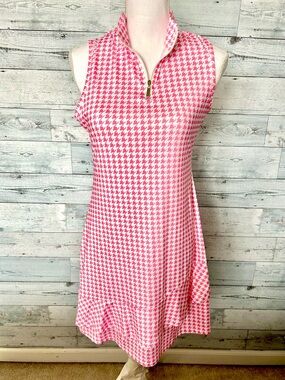Pink Houndstooth Sleeveless Zip-Front Dress